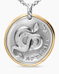 Artemis Medallion Amulet Sterling Silver with 14K Yellow Gold and Diamonds, 29.5mm