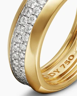Beveled Two Row Band Ring 18K Yellow Gold with Diamonds, 8mm