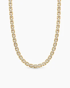 Box Chain Necklace 18K Yellow Gold with Pavé Diamonds, 7.5mm