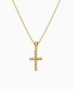 Cable Cross Pendant Necklace 18K Yellow Gold, 17.5mm