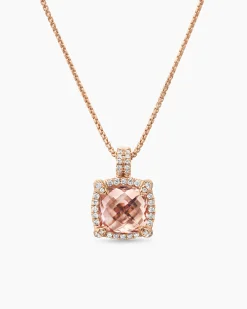 Chatelaine® Pavé Bezel Pendant Necklace 18K Rose Gold with Morganite and Diamonds, 9mm