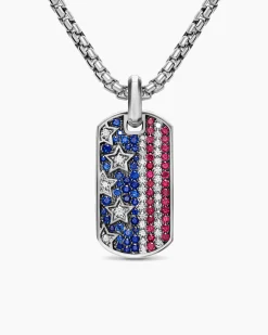 Chevron American Flag Tag Sterling Silver with Sapphires, Diamonds, and Rubies, 35mm