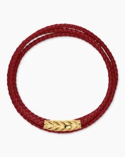 Chevron Triple Wrap Bracelet Red Leather with 18K Yellow Gold, 3mm