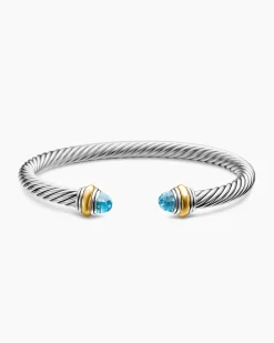 Classic Cable Bracelet Sterling Silver with 14K Yellow Gold and Blue Topaz, 5mm