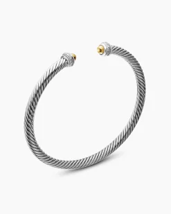 Classic Cable Bracelet Sterling Silver with 18K Yellow Gold Domes and Diamonds, 4mm
