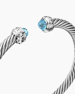 Classic Cable Bracelet Sterling Silver with Blue Topaz and Diamonds, 5mm