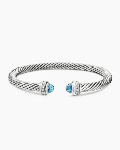 Classic Cable Bracelet Sterling Silver with Blue Topaz and Diamonds, 5mm