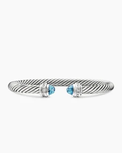 Classic Cable Bracelet Sterling Silver with Blue Topaz and Diamonds, 5mm