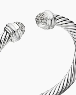 Classic Cable Bracelet Sterling Silver with Pavé Diamond Domes, 7mm