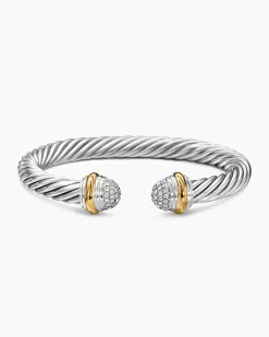 Classic Cable Bracelet Sterling Silver with 18K Yellow Gold and Pavé Diamond Domes, 7mm