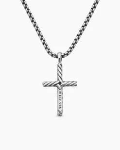Classic Cable Cross Necklace Sterling Silver with Center Diamond, 24.3mm