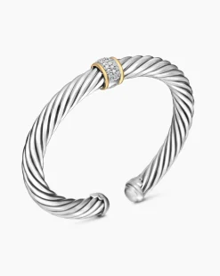 Classic Cable Station Bracelet Sterling Silver with 18K Yellow Gold and Pavé Diamonds, 7mm
