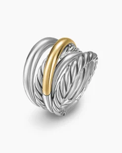 Crossover Five Row Ring Sterling Silver with 14K Yellow Gold, 17.5mm