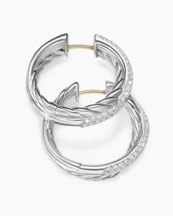 Crossover Hoop Earrings Sterling Silver with Diamonds, 22.3mm