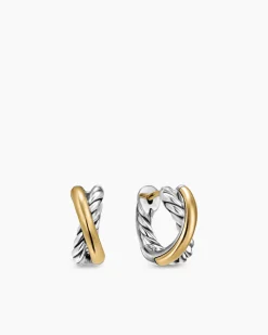 Crossover Huggie Hoop Earrings Sterling Silver with 18K Yellow Gold, 12.4mm