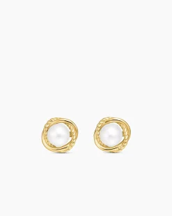 Crossover Infinity Pearl Stud Earrings 18K Yellow Gold with Pearls, 10mm