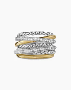 Crossover Seven Row Ring Sterling Silver with 18K Yellow Gold and Diamonds, 16mm