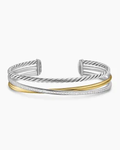 Crossover Three Row Bracelet Sterling Silver with 18K Yellow Gold and Diamonds, 11mm
