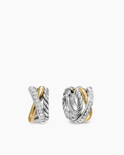 Crossover Three Row Huggie Hoop Earrings Sterling Silver with 18K Yellow Gold, 13mm