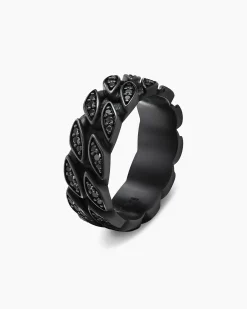 Curb Chain Band Ring Black Titanium with Black Diamonds, 8mm