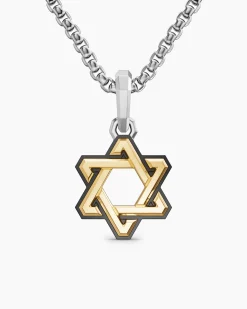 Deco Star of David Amulet Sterling Silver with 14K Yellow Gold, 19.5mm