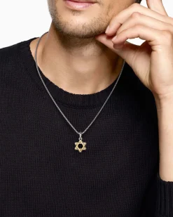 Deco Star of David Amulet Sterling Silver with 14K Yellow Gold, 19.5mm