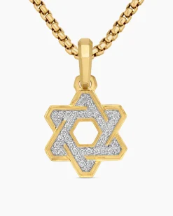 Deco Star of David Pendant 18K Yellow Gold with Diamonds, 19.5mm