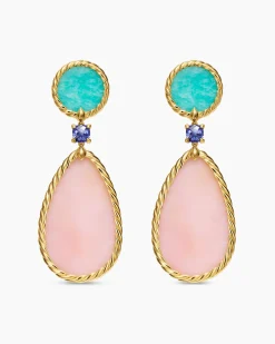 DY Elements® Statement Drop Earrings 18K Yellow Gold with Pink Opal, Amazonite and Tanzanite, 56mm