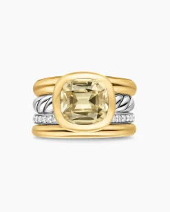 DY Mercer® Color Four Row Stone Ring Sterling Silver with 18K Yellow Gold, Champagne Citrine and Diamonds, 14mm