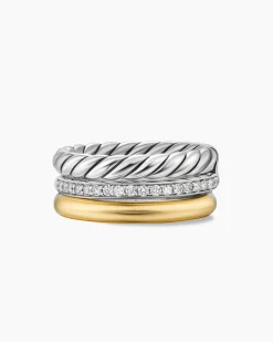 DY Mercer® Three Row Ring Sterling Silver with 18K Yellow Gold and Diamonds, 8.9mm
