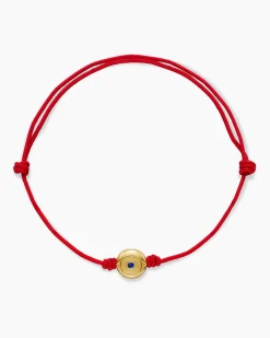 Evil Eye Cord Bracelet Red Nylon with 18K Yellow Gold and Sapphire, 7.7mm
