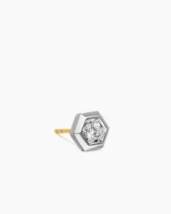 Faceted Hex Stud Earring Sterling Silver with Diamond, 8mm