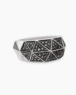 Faceted Signet Ring Sterling Silver with Black Diamonds, 11.3mm