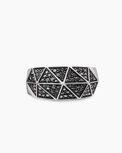 Faceted Signet Ring Sterling Silver with Black Diamonds, 11.3mm