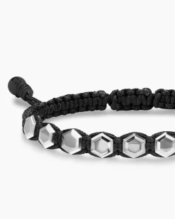 Faceted Woven Bracelet Sterling Silver with Black Nylon and Black Onyx, 8mm