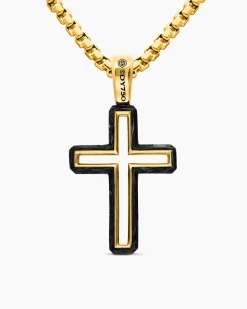 Forged Carbon Cross Pendant 18K Yellow Gold, 24mm