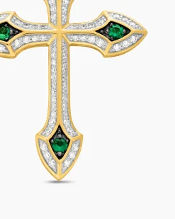 Gothic Cross Pendant 18K Yellow Gold with Diamonds and Emeralds, 36.5mm