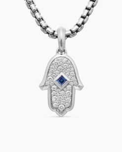 Hamsa Amulet 18K White Gold with Pavé Diamonds and Blue Sapphire, 24.6mm