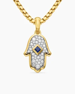 Hamsa Amulet 18K Yellow Gold with Pavé Diamonds and Blue Sapphire, 24.6mm