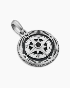 Maritime® Compass Amulet Sterling Silver with Center Black Diamond, 26.8mm