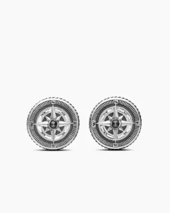 Maritime® Compass Cufflinks Sterling Silver with Center Black Diamond, 16mm