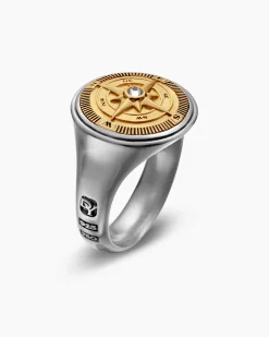 Maritime® Compass Signet Ring Sterling Silver with 18K Yellow Gold and Center Diamond, 19.4mm
