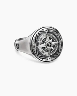 Maritime® Compass Signet Ring Sterling Silver with Center Black Diamond, 19.4mm