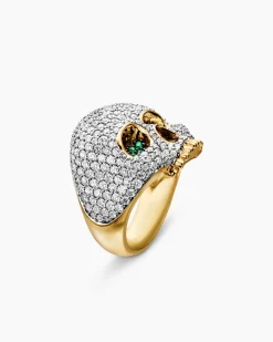 Memento Mori Skull Ring 18K Yellow Gold with Diamonds and Emeralds, 26mm