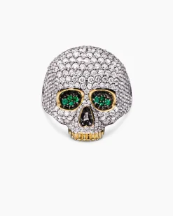 Memento Mori Skull Ring 18K Yellow Gold with Diamonds and Emeralds, 26mm