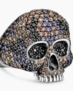 Memento Mori Skull Ring Sterling Silver with Black Diamonds and Cognac Diamonds, 26mm