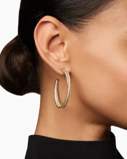 Pavé Crossover Hoop Earrings 18K Yellow Gold with Diamonds, 1.75in