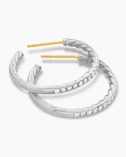 Pavé Hoop Earrings Sterling Silver with Diamonds, 25.4mm