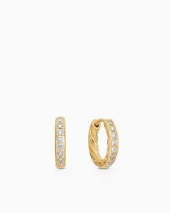 Pavé Huggie Hoop Earrings 18K Yellow Gold with Diamonds, 13mm