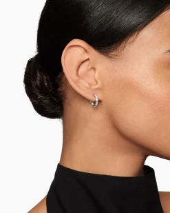 Pavé Huggie Hoop Earrings Sterling Silver with Diamonds, 13mm